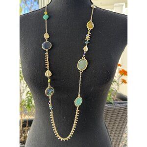 Chicos Blue Green Silver Gold Tone Stone Long Link Chain Statement Necklace NEW